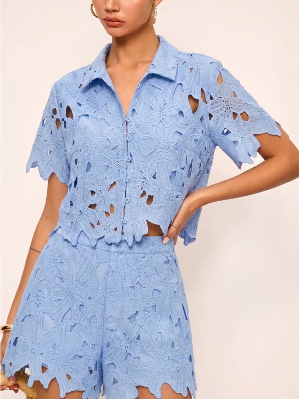 Light Blue Crochet Button-Front Crop Top & Short Set